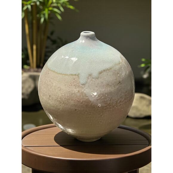 Signed Studio Pottery Bud Vase-Crackle Celadon Drip Glaze Stoneware-Modern-Boho - Picture 1 of 8